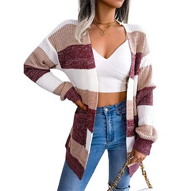 Women's Causal Striped Cardigan Sweaters Long Sleeve Open Front Button Down Knit Cardigan Outwear