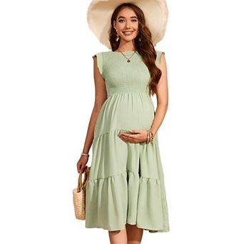 Women Casual Maternity Midi Dresses Crew Neck Ruffle Sleeve Smocked Dress Pregnancy Clothes