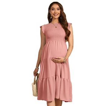 Women Casual Maternity Midi Dresses Crew Neck Ruffle Sleeve Smocked Dress Pregnancy Clothes