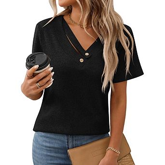 Women's Rib Knit T-Shirt Stretch V Neck Button Detail Short Sleeve Casual Top for Daily Work Office