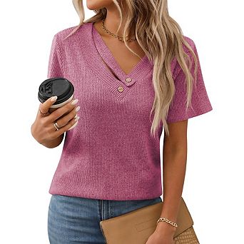 Women's Rib Knit T-Shirt Stretch V Neck Button Detail Short Sleeve Casual Top for Daily Work Office