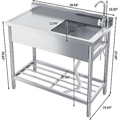 Stainless Steel Utility Sink with Workbench and Storage Rack, with Faucet and Cold/Hot Water Pipes