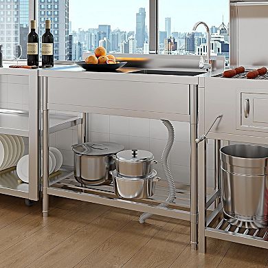 Stainless Steel Utility Sink with Workbench and Storage Rack, with Faucet and Cold/Hot Water Pipes