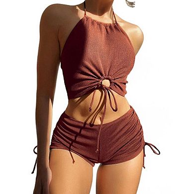 Women's Ribbed Halter Neck Tie Front Bikini Set with Adjustable Ties Short Bottom