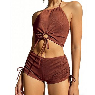 Women's Ribbed Halter Neck Tie Front Bikini Set with Adjustable Ties Short Bottom