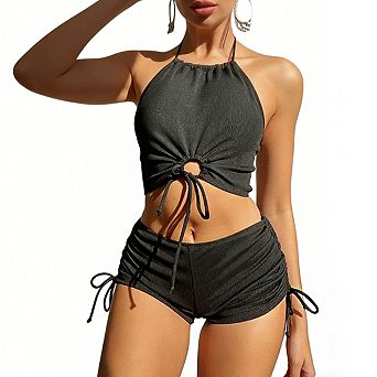 Women's Ribbed Halter Neck Tie Front Bikini Set with Adjustable Ties Short Bottom