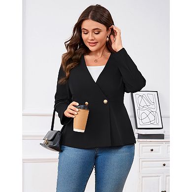 Plus Size Women's V-Neck Double Button Blazer 3/4 Sleeve Solid Color Slim Fit Waist-Defining Vest