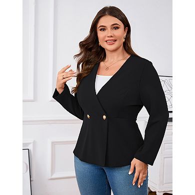 Plus Size Women's V-Neck Double Button Blazer 3/4 Sleeve Solid Color Slim Fit Waist-Defining Vest