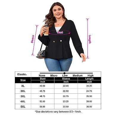 Plus Size Women's V-Neck Double Button Blazer 3/4 Sleeve Solid Color Slim Fit Waist-Defining Vest