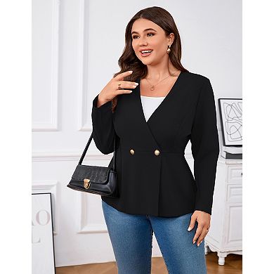Plus Size Women's V-Neck Double Button Blazer 3/4 Sleeve Solid Color Slim Fit Waist-Defining Vest