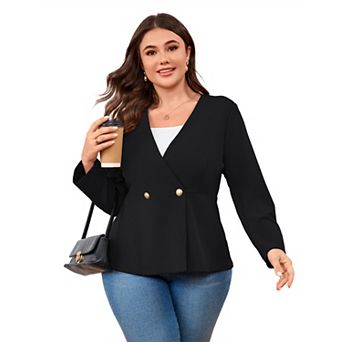 Plus Size Women's V-Neck Double Button Blazer 3/4 Sleeve Solid Color Slim Fit Waist-Defining Vest
