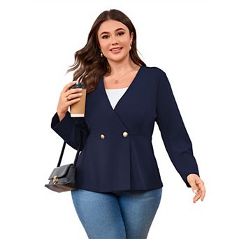 Plus Size Women's V-Neck Double Button Blazer 3/4 Sleeve Solid Color Slim Fit Waist-Defining Vest