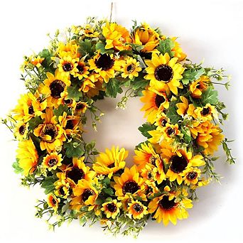 18 Inch Sunflower Wreath for Front Door, Handmade All Season Artificial Decor