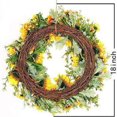 18 Inch Sunflower Wreath for Front Door, Handmade All Season Artificial Decor