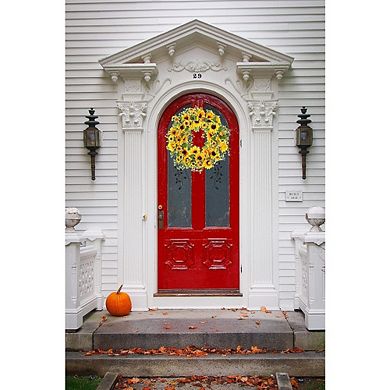 18 Inch Sunflower Wreath for Front Door, Handmade All Season Artificial Decor