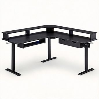 60-inch L-shaped desk with drawers, power outlets, and monitor stand, suitable for corner use