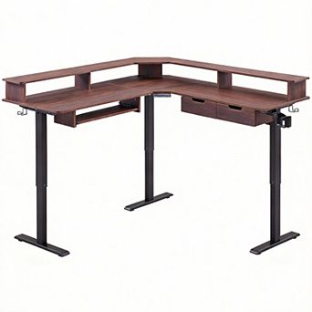 60-inch L-shaped desk with drawers, power outlets, and monitor stand, suitable for corner use