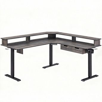 60-inch L-shaped desk with drawers, power outlets, and monitor stand, suitable for corner use