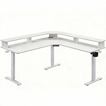 60-inch L-shaped desk with drawers, power outlets, and monitor stand, suitable for corner use
