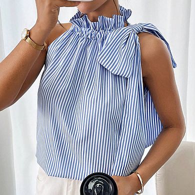 Women's Halter Neck Ruffle Trim Striped Print Tie Shoulder Relaxed Fit Top