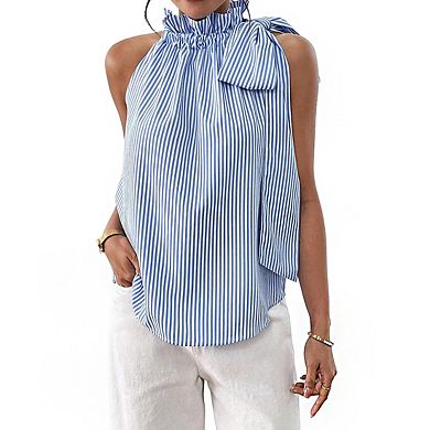 Women's Halter Neck Ruffle Trim Striped Print Tie Shoulder Relaxed Fit Top