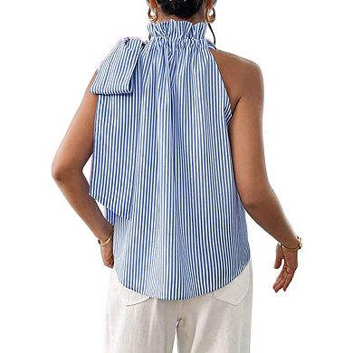 Women's Halter Neck Ruffle Trim Striped Print Tie Shoulder Relaxed Fit Top