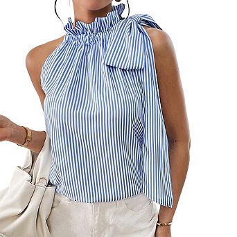 Women's Halter Neck Ruffle Trim Striped Print Tie Shoulder Relaxed Fit Top