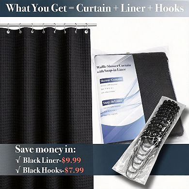 Waffle Weave Snap-in Liner Shower Curtain with Hooks Hotel Style 12hooks 100%Polyester