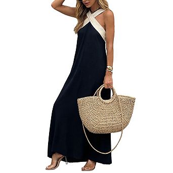 Women's Sleeveless Maxi Dress Halter Neck Contrast Strap Summer Long Dresses