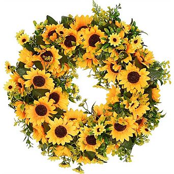 16 Inch Sunflower Wreath for Front Door, Yellow Floral Summer Decor