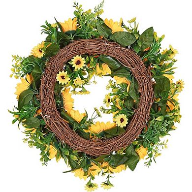 16 Inch Sunflower Wreath for Front Door, Yellow Floral Summer Decor