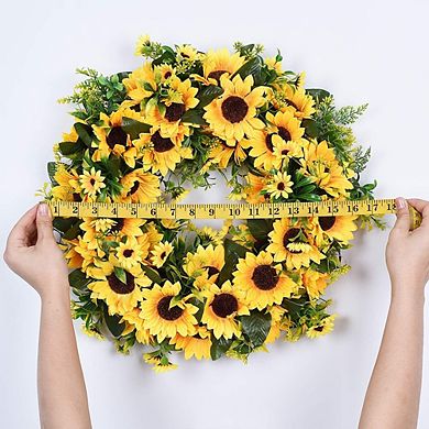 16 Inch Sunflower Wreath for Front Door, Yellow Floral Summer Decor
