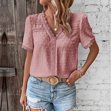 Women's V Neck Short Sleeve Lace Trim Swiss Dot Relaxed Fit Top