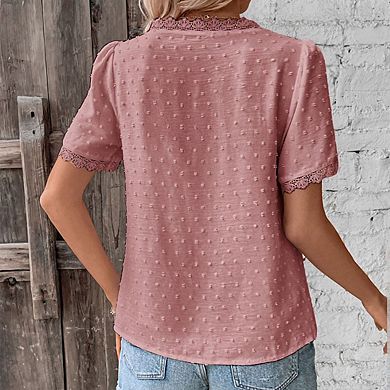Women's V Neck Short Sleeve Lace Trim Swiss Dot Relaxed Fit Top