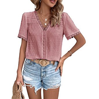 Women's V Neck Short Sleeve Lace Trim Swiss Dot Relaxed Fit Top