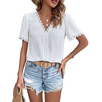 Women's V Neck Short Sleeve Lace Trim Swiss Dot Relaxed Fit Top