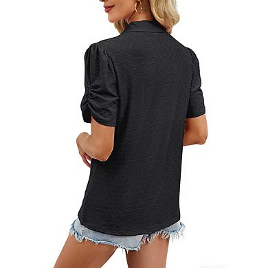 Women's Puff Short Sleeve Collared Neck Textured Dot Summer Top with Ruched Sleeves