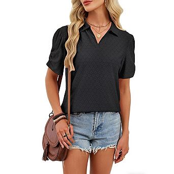 Women's Puff Short Sleeve Collared Neck Textured Dot Summer Top with Ruched Sleeves