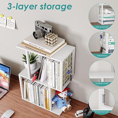Desktop Bookshelf Organizer with Metal Hook 3-Tier Office Storage
