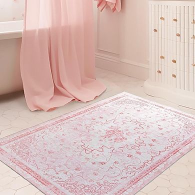 Pink 3x5 Small Area Rug Washable Floral Bow for Bedroom or Entryway