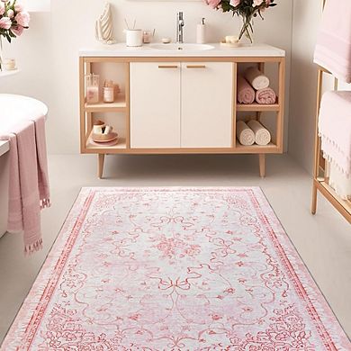 Pink 3x5 Small Area Rug Washable Floral Bow for Bedroom or Entryway