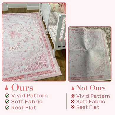 Pink 3x5 Small Area Rug Washable Floral Bow for Bedroom or Entryway