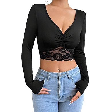 Women's V Neck Long Sleeve Twist Front Lace Trim Stretchy Summer Casual Crop Top
