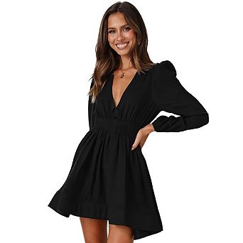 Women's Mini A-Line Dress Deep V-Neck Long Sleeve Dresses