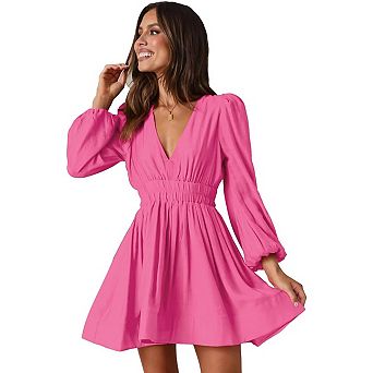 Women's Mini A-Line Dress Deep V-Neck Long Sleeve Dresses