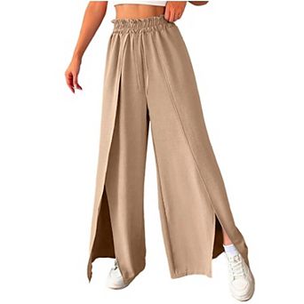 Women's Wide Leg Pants High Waist Drawstring Tie Side Slit Soft Casual Long Pants