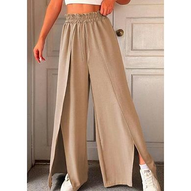 Women's Wide Leg Pants High Waist Drawstring Tie Side Slit Soft Casual Long Pants