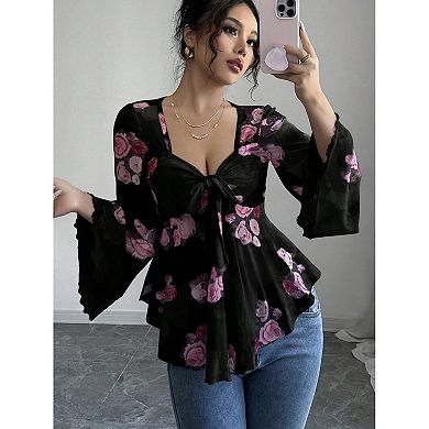 French Sweet Flower Blend Tie Square Collar Irregular Hem Trumpet Long Sleeved Shirt