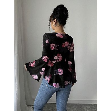 French Sweet Flower Blend Tie Square Collar Irregular Hem Trumpet Long Sleeved Shirt