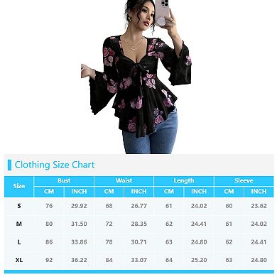 French Sweet Flower Blend Tie Square Collar Irregular Hem Trumpet Long Sleeved Shirt